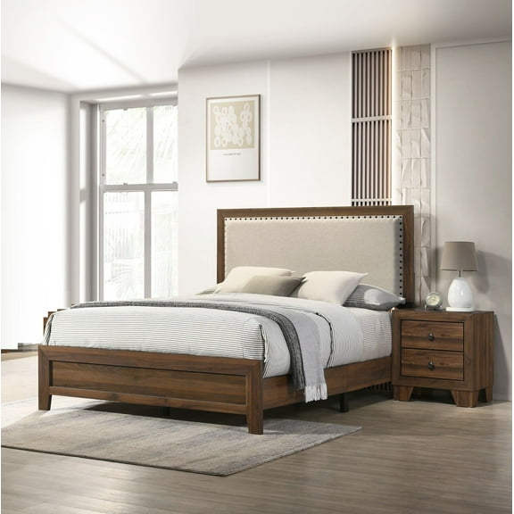 Beautiful Brown Cherry Finish 3Pc Queen Size Panel Bed and 2x Nightstand Wooden Furniture Set