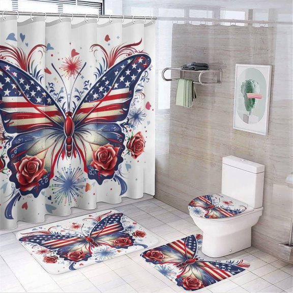 Beautiful Butterfly with American Flag Shower Curtain Sets with Rugs 4 Piece Bathroom Sets with Shower Curtain And Rugs 4 Piece Patriotic Memorial Day Waterproof Shower Curtain for Bathroom Decor