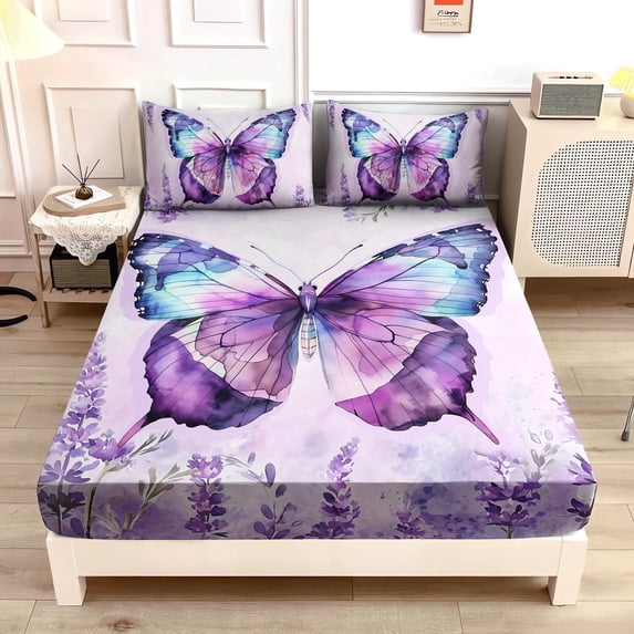 Beautiful Butterfly Bedding Set Queen Size,Blossoming Lavender Flowers Fitted Sheet Set for Kids Girls Toddlers Room Decor,Nature Insect Themed Floral Bedding Sets,1 Fitted Sheet+2 Pillowcases.