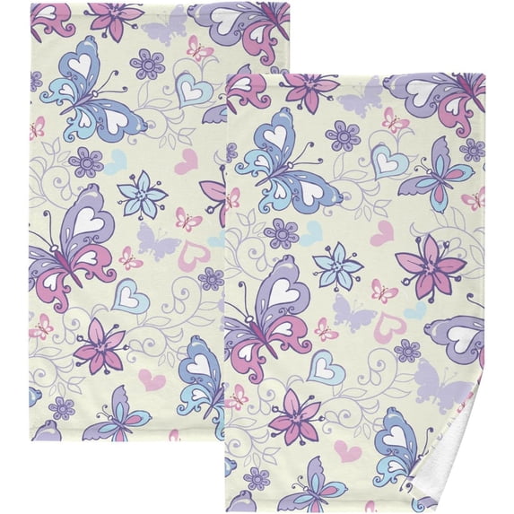 Beautiful Butterfly Flower Heart Towels Set of 2, Super Soft Absorbent Hand Towel Cotton Bath Towels for Bathroom Hotel Kitchen Spa Gym 16 X 28 Inches Washcloths