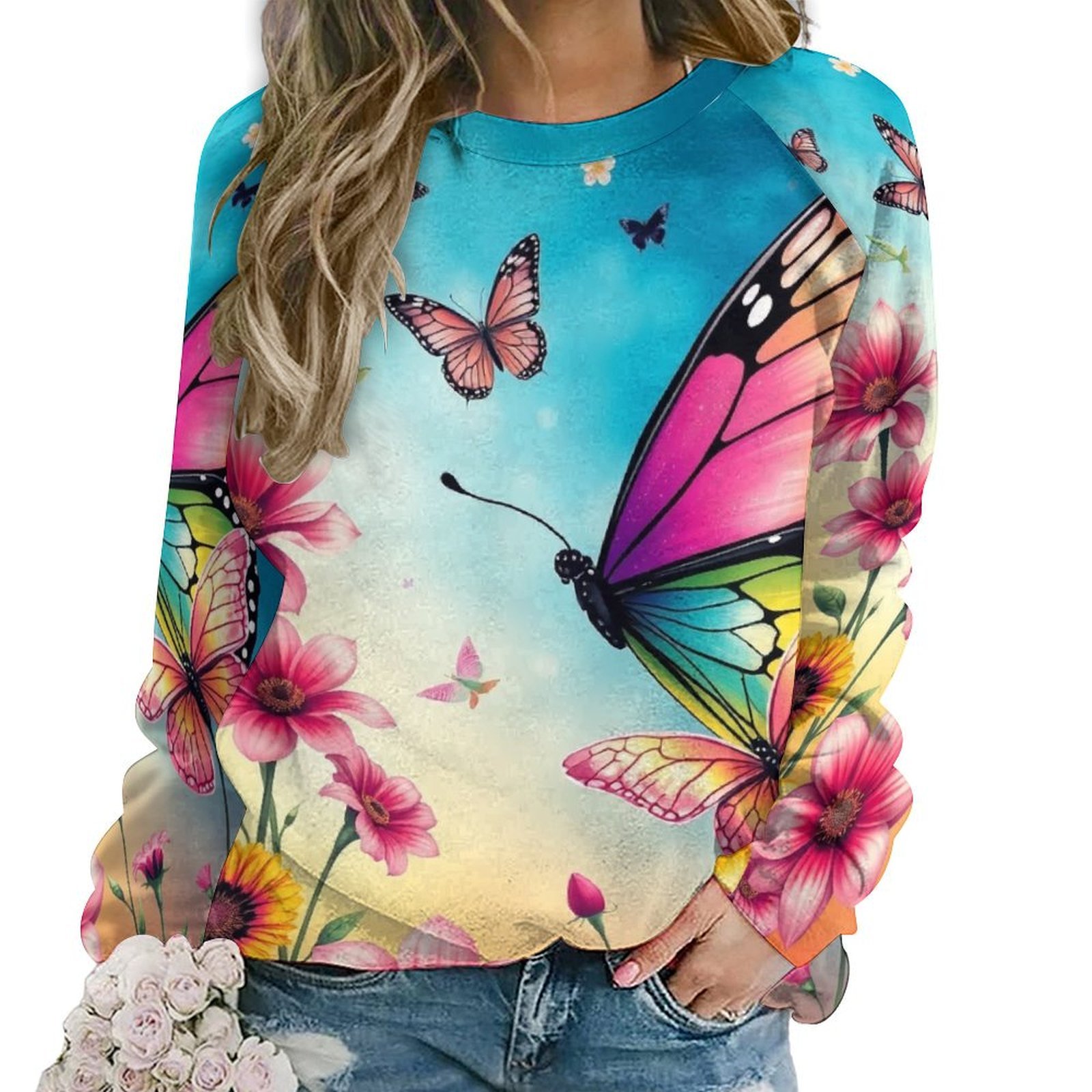 Fronage Women's Butterfly Oil Painting T-Shirt - V-Neck Short Sleeve Cute Graphic Tee For Summer