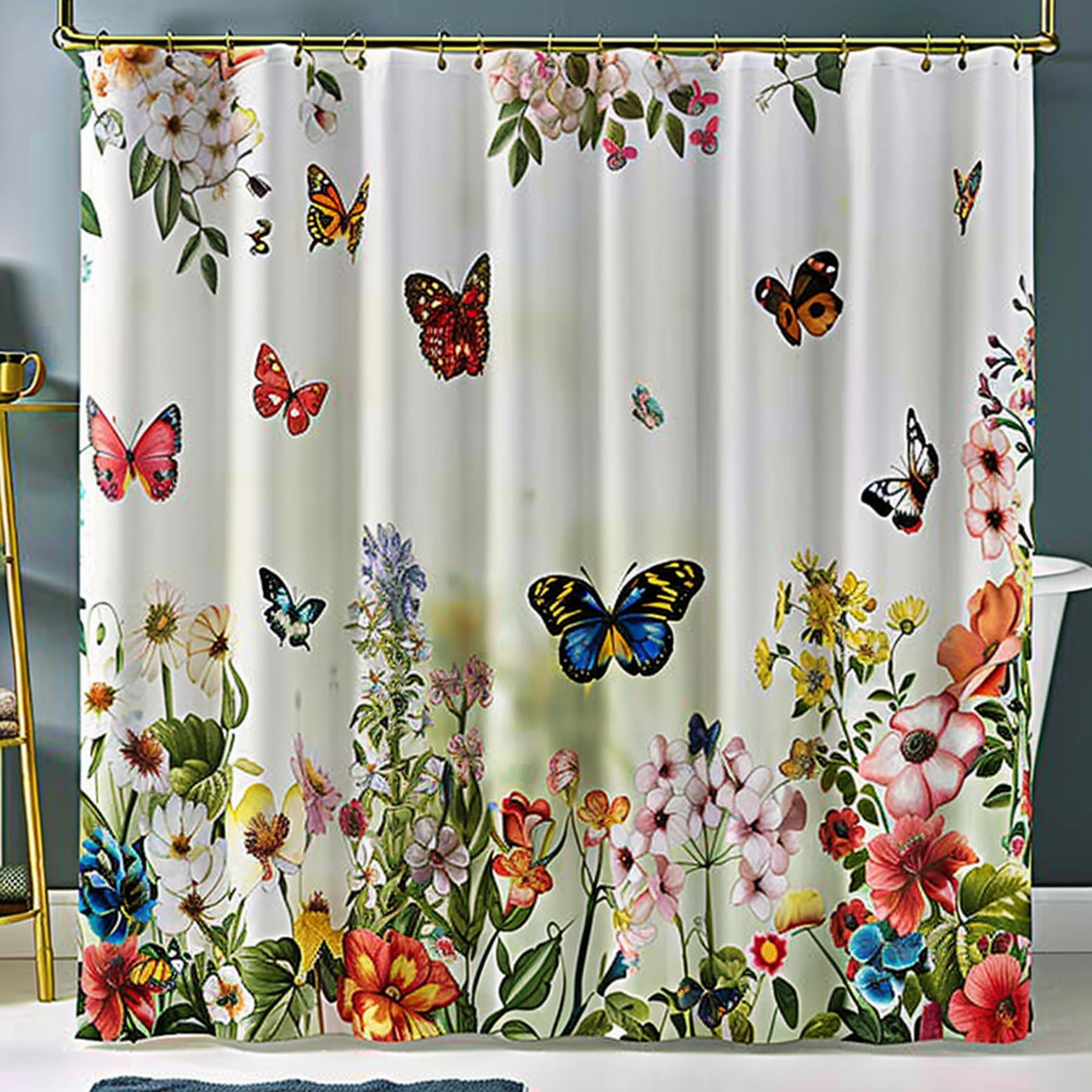 Beautiful Butterfly Garden Shower Curtain Floral Print Tranquil Design ...