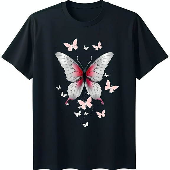 Beautiful Butterfly Graphic Black T-Shirt with Pink and Red Accents Whimsical Design
