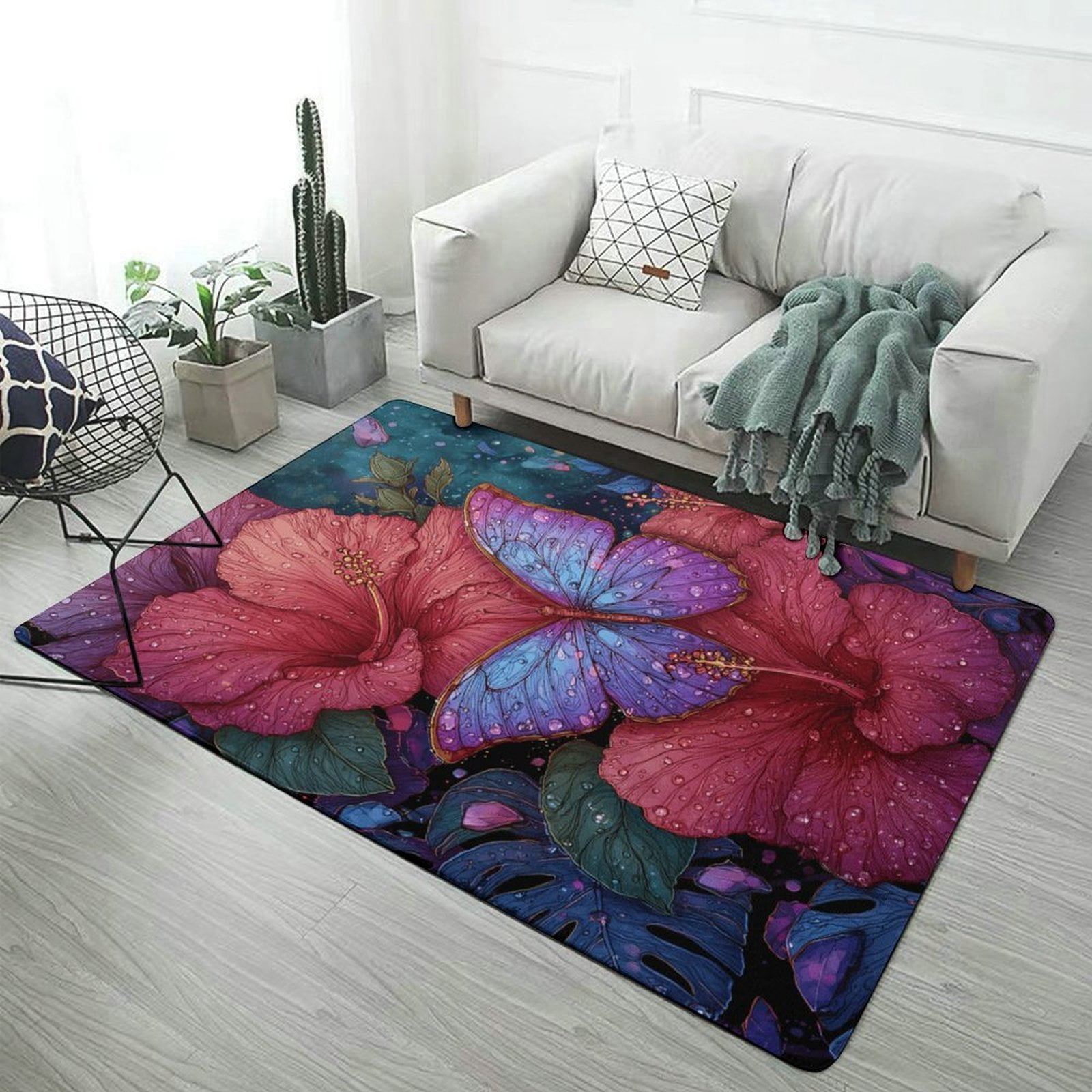 Beautiful Butterfly Hibiscus Flowers Rain Dew Carpet Rug for Living ...