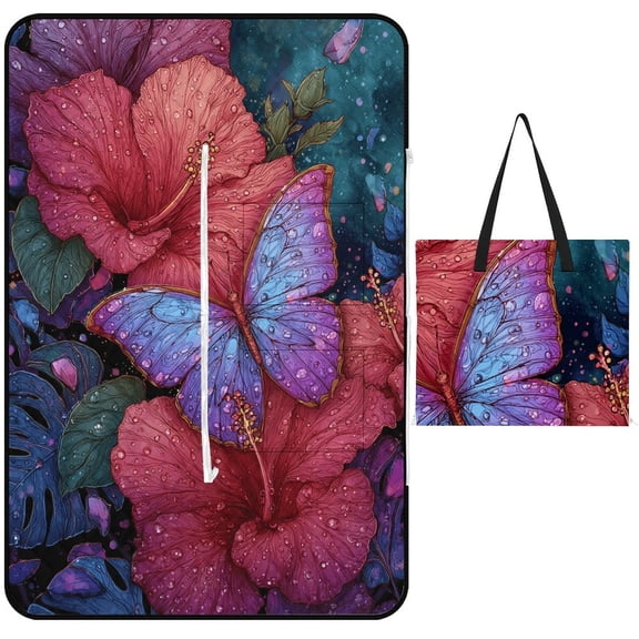 Beautiful Butterfly Hibiscus Flowers Rain Dew Picnic Blanket Waterproof Outdoor Beach Blanket Hand-held Pad Suitable for Travel, Camping, Beach, Family Gatherings