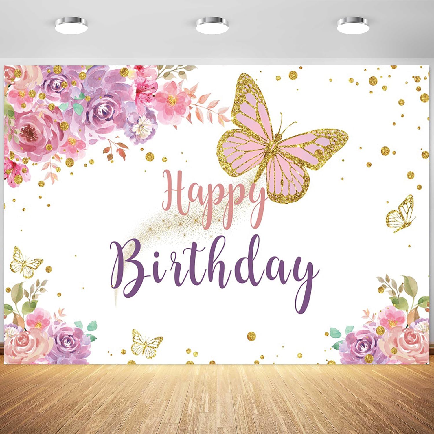 Pink Flower Butterfly Round Happy Birthday Backdrop