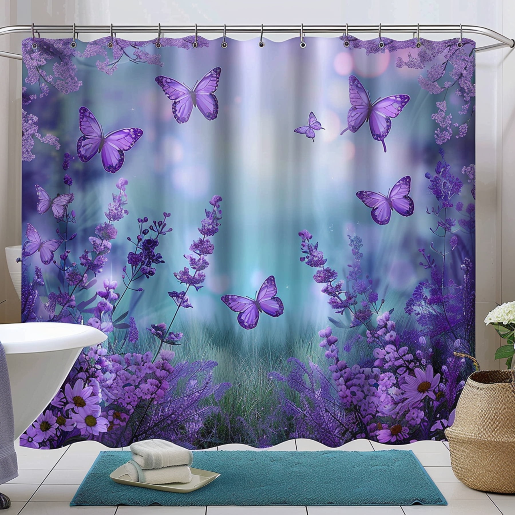 Beautiful Butterfly and Purple Flower Bathroom Set with Lavender Print