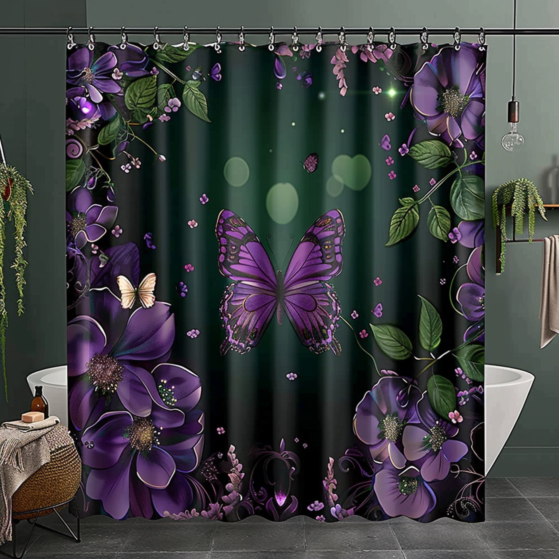 Beautiful Butterfly and Purple Flowers Bathroom Decor Set with Dark