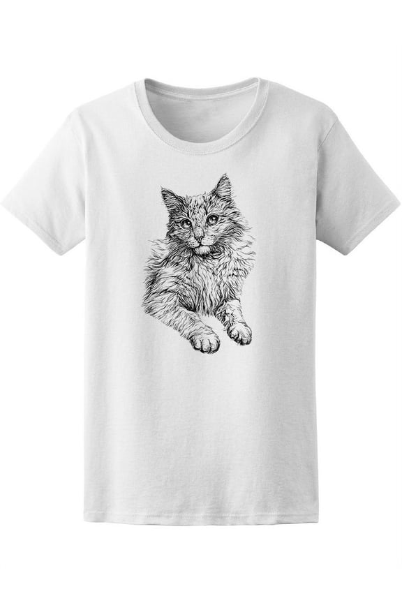 Beautiful Cat Portrait Sketch T-Shirt Women -Image by Shutterstock, Female Large
