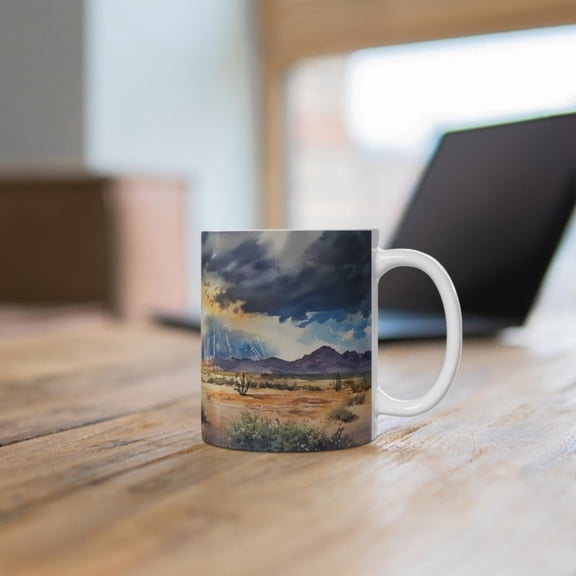 Beautiful Ceramic Mug, Watercolor Thunderstorm Coffee Mug, Desert Scenery Tea Cup, Nature Landspe Gifup.
