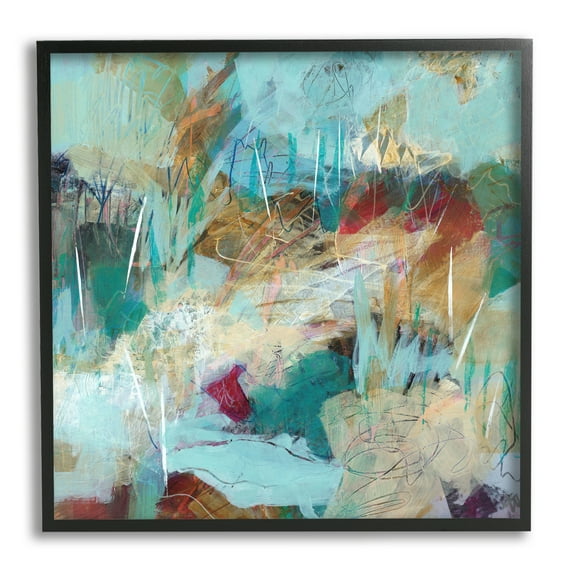 Beautiful Chaotic Movements Abstract Blue Green Beige Abstract Framed Art Print Wall Art, 17x17