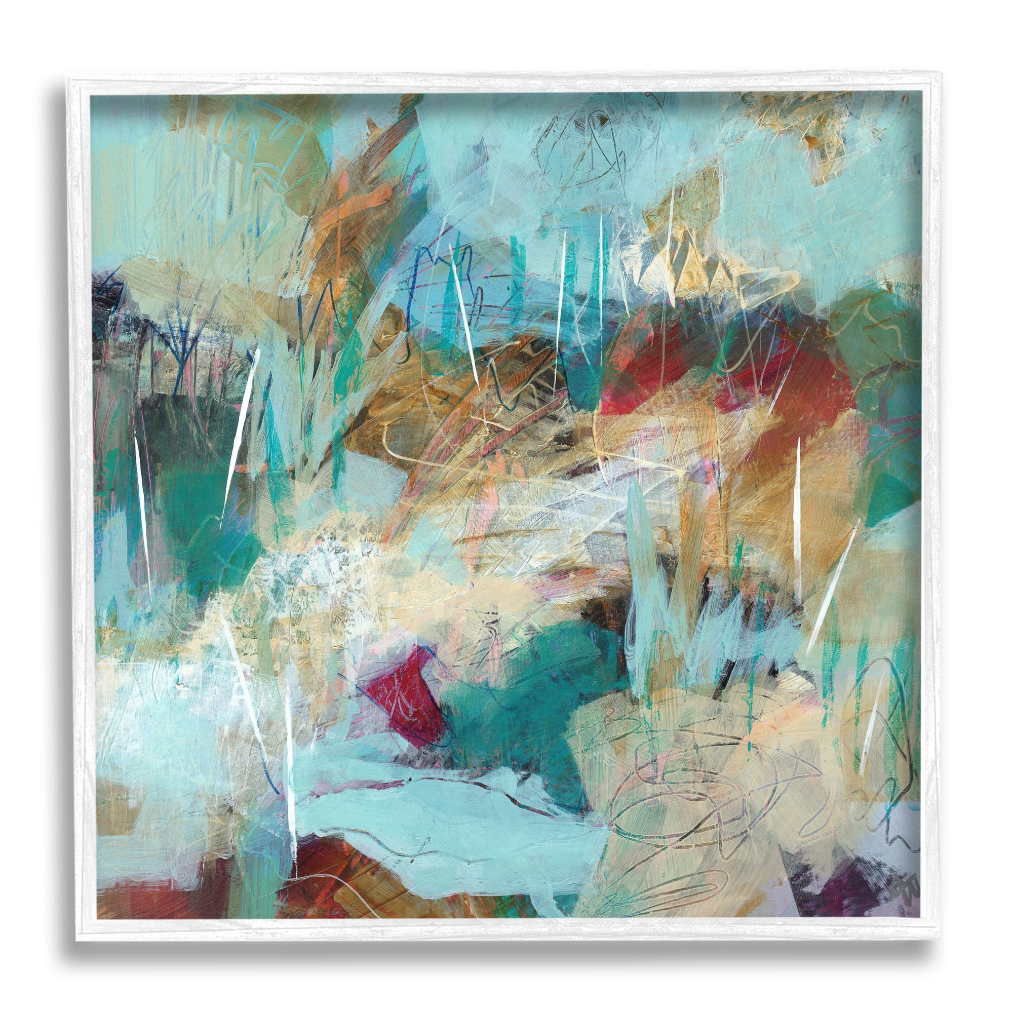 Beautiful Chaotic Movements Abstract Blue Green Beige Abstract Framed Art Print Wall Art, 17x17