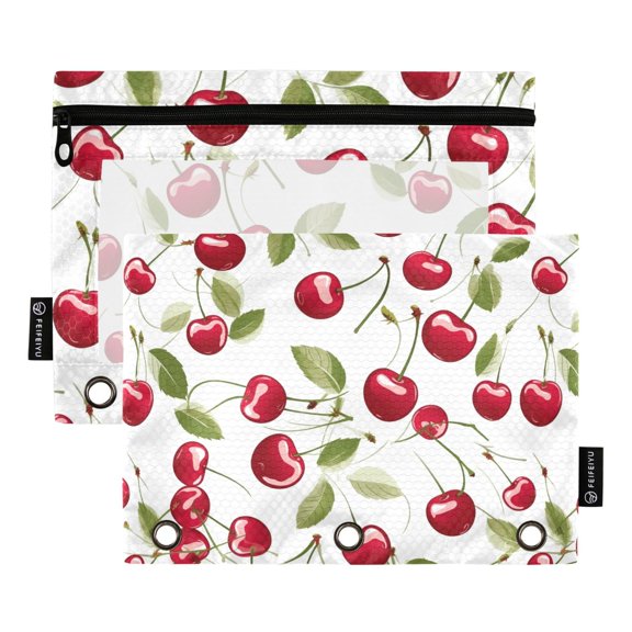 Beautiful Cherry Fruits 2 Pack Pencil Pouch for 3 Ring Binder Smooth Zipper Folders with Pockets Clear Window Pencil Case