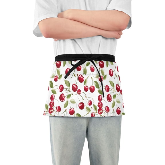 Beautiful Cherry Fruits Server Apron with 3 Pockets Waterproof Waitress Waist Short Apron for Man Woman 12 Inches