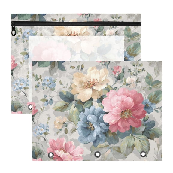 Beautiful Chic Florals with Pastel Colors 3-Ring Binder Pouches A4 Size Zipper Pocket File Storage 2 Packs