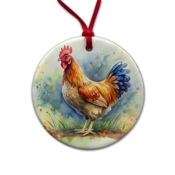 Beautiful Chicken Watercolor Christmas Tree Holiday Round Ceramic Ornament
