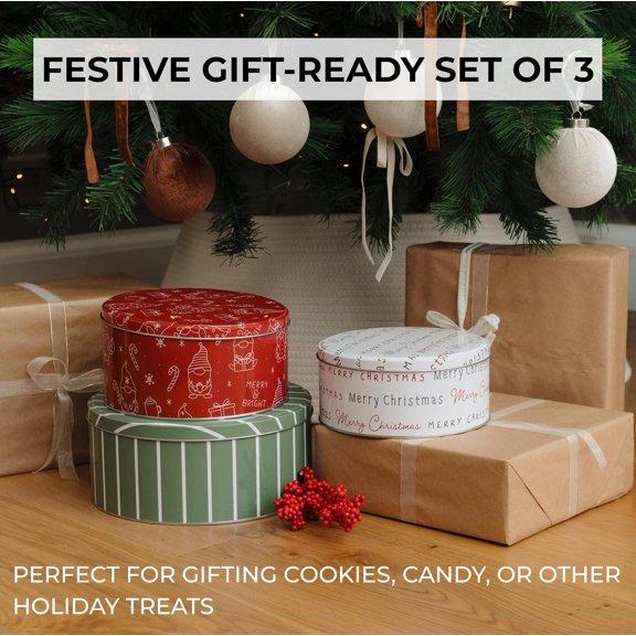 Beautiful Christmas Cookie Tins Set Of 3 - Cute Containers Are Perfect To Share Delicious Homemade Cookies, Candy Or Cupcakes With Friends & Family - Sturdy Boxes With Lids For Holiday Gift Giving