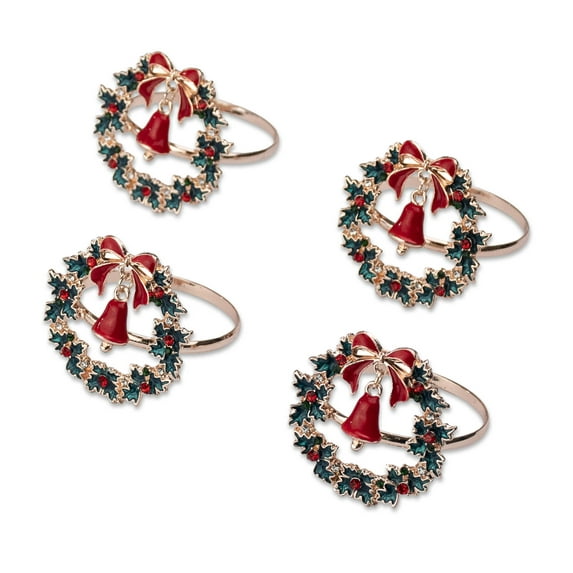 Beautiful Christmas/Holiday Wreath & Bell Napkin Rings Set of 4