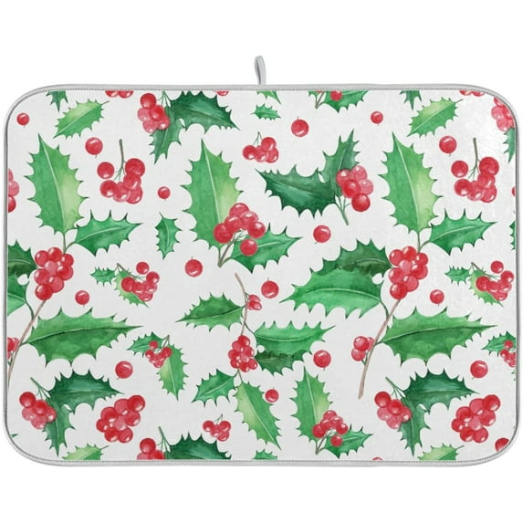 Beautiful Christmas Holly Leaves Red Berry Absorbent Dish Drying Mat, 16 x 18 Inches Microfiber Kitchen Countertop Table Protector Multi-Purpose Counter Rack Sink Drainer Pad