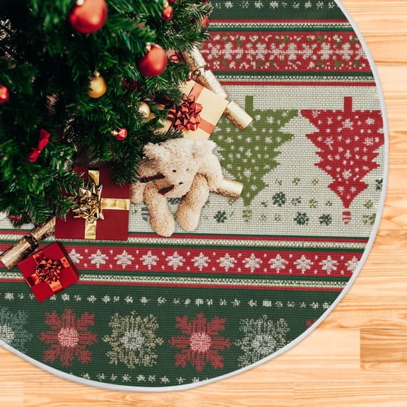 Beautiful Christmas Pattern with Tree and Snowflakes Christmas Tree Skirt Opening Design Floor Mat Holiday Decor 35 inch
