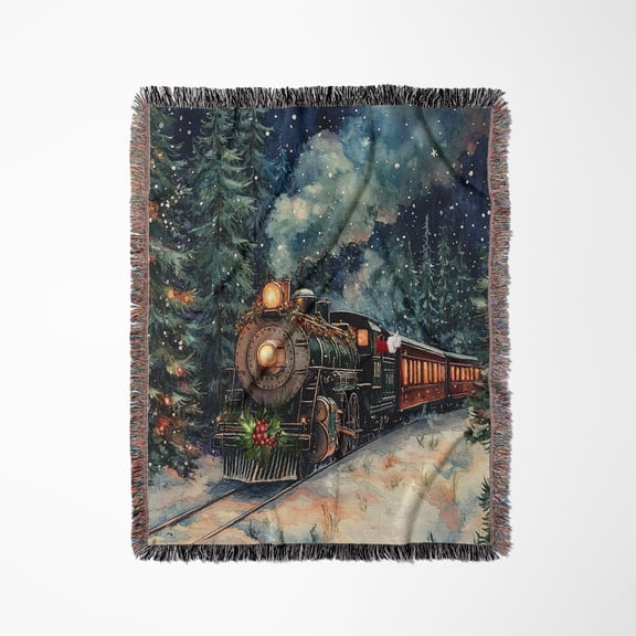 Beautiful Christmas Train On The Railroad Tracks In Winter, Woven Blanket