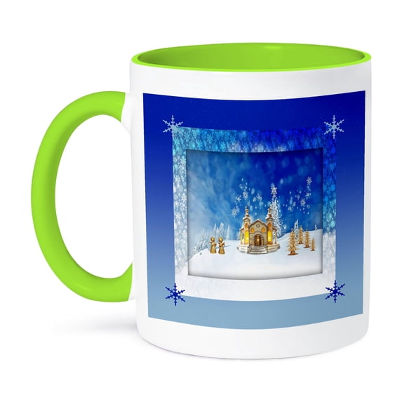 3dRose, Beautiful Church, Singing Angels, Winter Scene, Gold, Blue, 15oz Two-Tone Green Mug