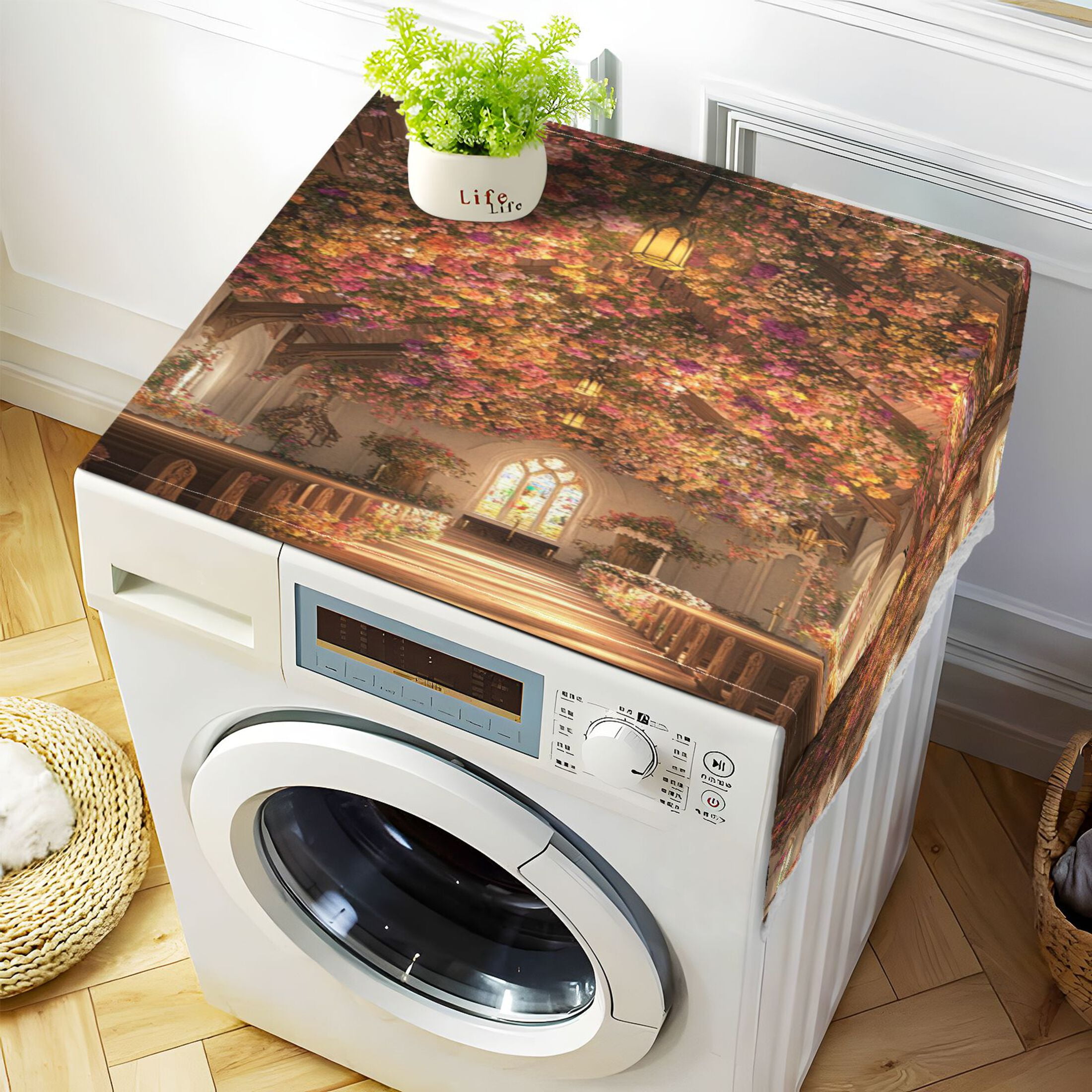 Beautiful ChurchWasher and Dryer Covers Dust-Proof and Oil Resistant Fridge Cover with 4 Storage Pockets Washing Machine Top Cover for Laundry Kitchen Home 51.2 x 22 In