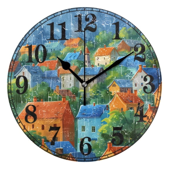 Beautiful City with Rain Silent Wall Clock 10" Non-Ticking Battery Clock