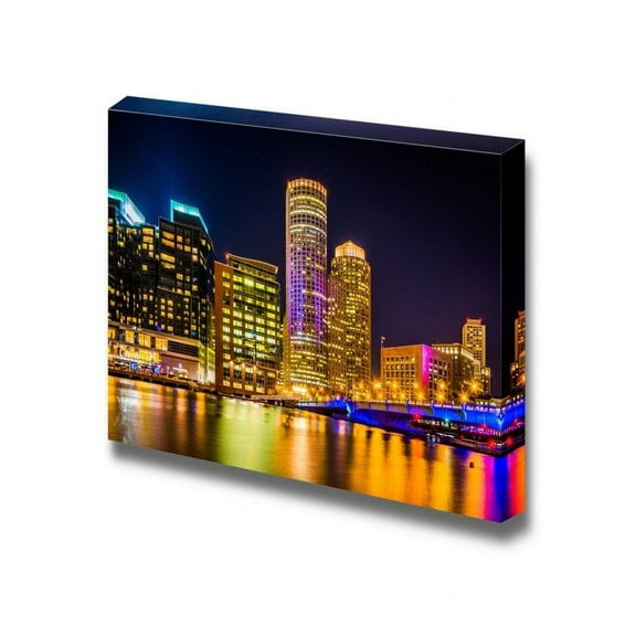 Beautiful Cityscape The Boston Skyline at Night Seen from Fort Point Boston Massachusetts - Canvas Art Wall Art - 16" x 24"