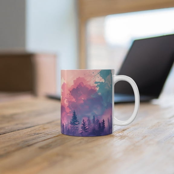 Beautiful Clouds and Trees Mug, Colorful Clouds Pine Silhouettes Coffee Cup, Prettun Ceramic Mug, Nature Inspired Tea Cup.