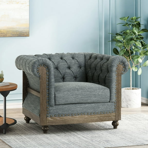 Beautiful Club Chair With Charcoal Cloth, Fine Button Tufting, Curved , Nailhead Trim, Birch Wood Base Luxury Deep Scroll Arm Design, Decoration, Fabric Covering, Feet