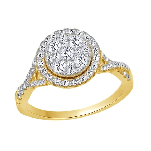AFFY Beautiful Cluster Engagement Ring In 14k Yellow Gold With Round Cut White Natural Diamond (0.9 cttw) With Ring Size 12
