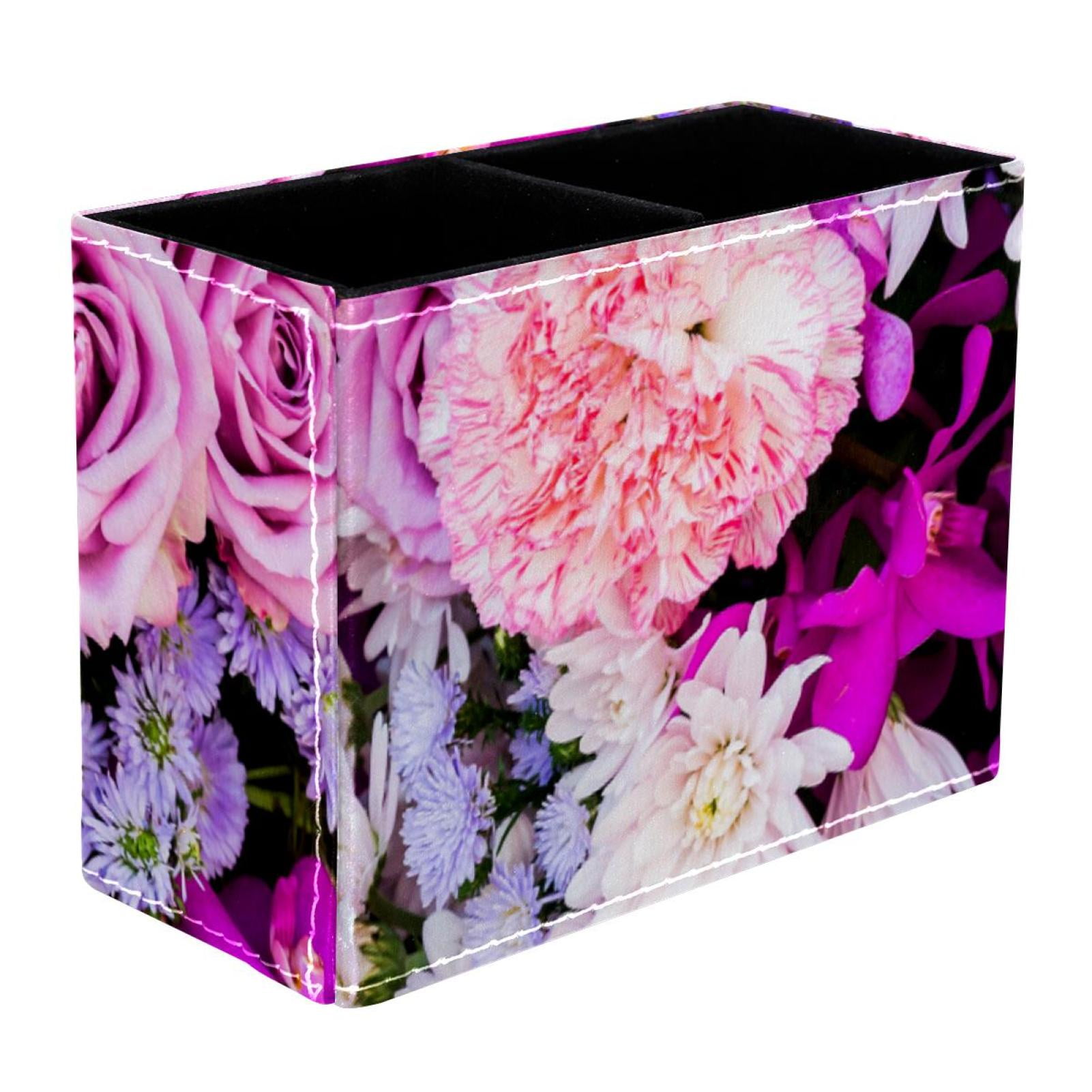 Beautiful Colorful Flowers Pattern Pvc Leather Brush Holder And Pen