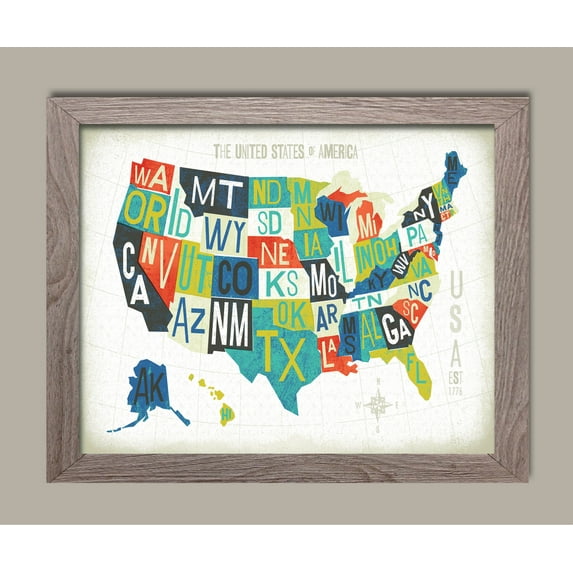 Beautiful Colorful Letterpress State Map of The United States by Michael Mullan; One 14x11in Distressed Framed Print