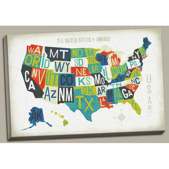 Beautiful Colorful Letterpress State Map of The United States by Michael Mullan; One 18x12in Hand-Stretched Canvas
