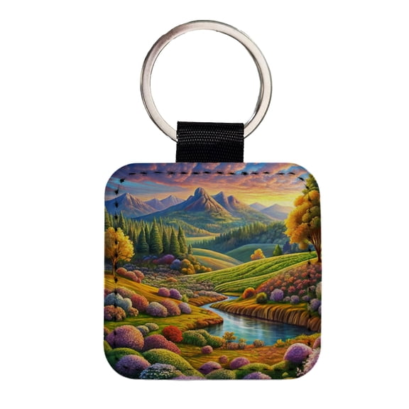 Beautiful Colorful Pastel Landscape Faux Leather Square Keychain