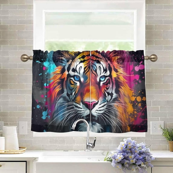 Beautiful Colorful Tiger Half Window Tier Curtains 24 Inch Blackout Thermal Insulating Kitchen Linen Tier Curtains for Kitchen, Bathroom, Cafe Home Decor