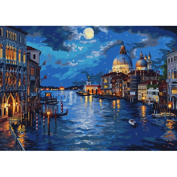 Beautiful Colorful Venice Night Scene DIY 11CT Stamped Cross Stitch Kits for Beginners Easy Needlepoint Embroidery Counted Cross Stitch Art Craft for Wall Decoration 12x16inch(3)