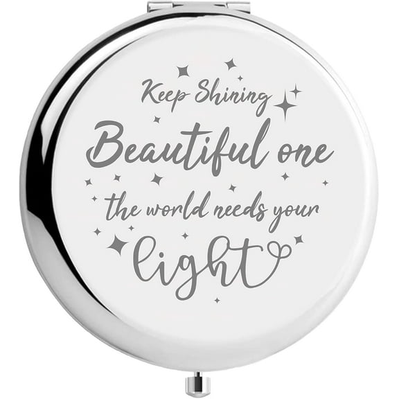 Beautiful Compact Mirror Keep Shining Stainless Steel Encouraging Personalized Mini Makeup Pocket Travel Engraved Mirrors Silver for Friends Family Graduation Birthday New Year Gifts Gray