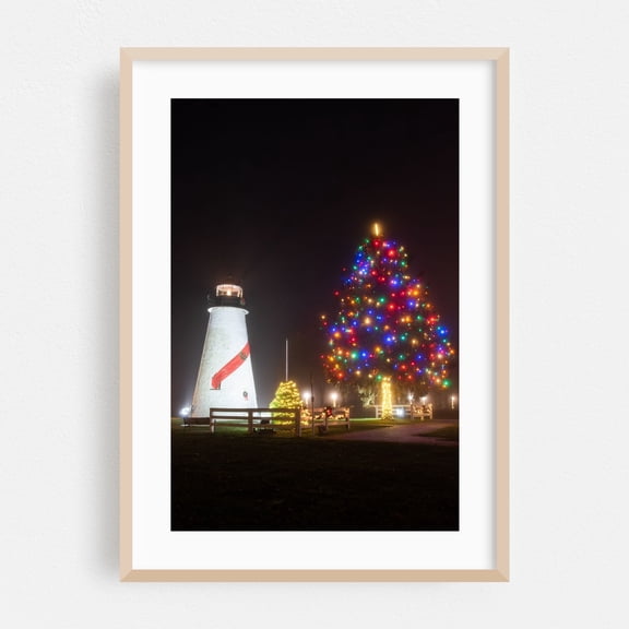 Beautiful Concord Point Lighthouse at Christmas Time  - Havre de Grace Maryland Photography Christmas Lighthouse Winter Night Sky Nautical Scenic Oak Framed Wall Art Print 5 x 7 inches
