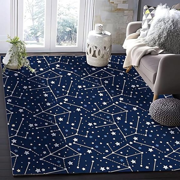 Beautiful Constellation Area Rug, Blue Stars Constellation Non Slip Easy Care Kids Rugs, Breathable Durable Carpet For Indoor Bedroom Living Room Office Decor Rug 4 x 6ft