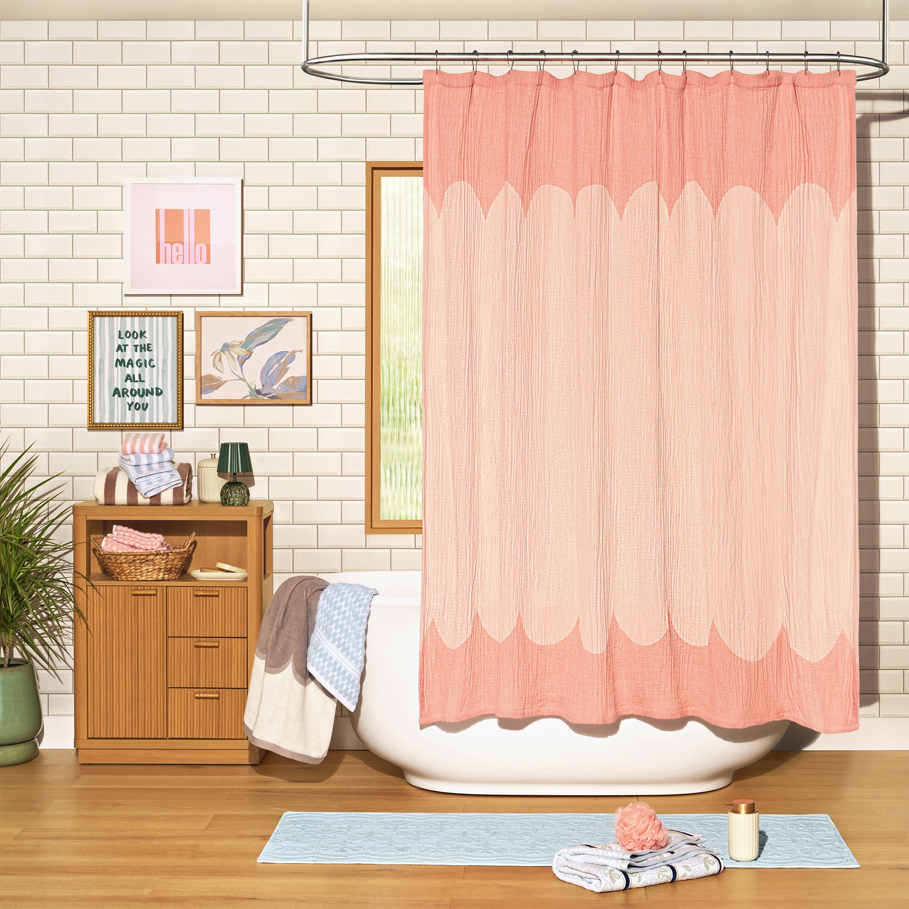 Beautiful by Drew Barrymore Rose Pink Scallop Gauze Shower Curtain, 100% Cotton, 72 in x 72 in
