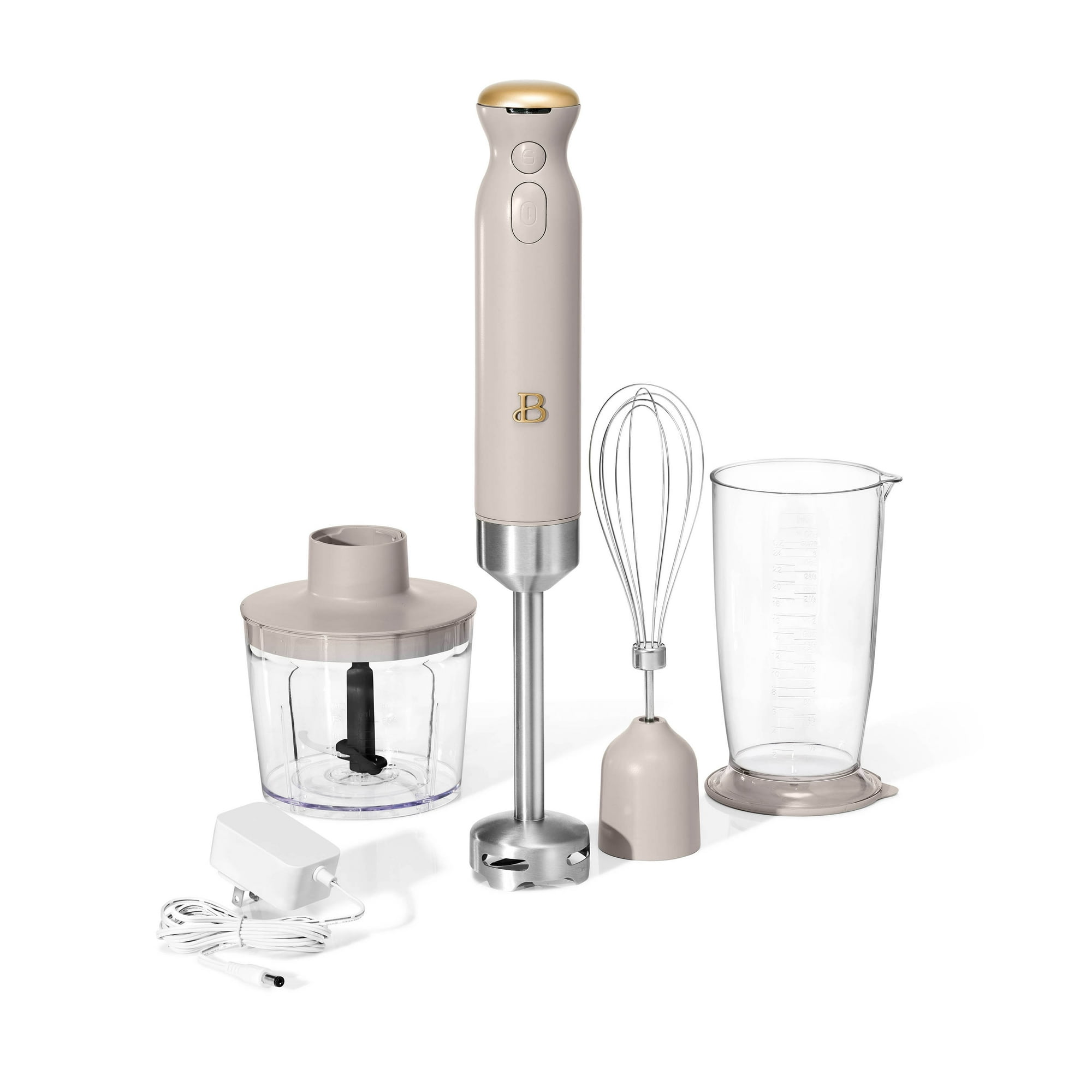 Beautiful Cordless Immersion Blender with Chopper, Whisk & Measuring Cup, Porcini Taupe by Drew Barrymore