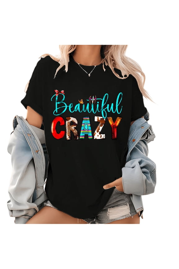 Beautiful Crazy Western Graphic Tees for Womens Western Short Sleeve Print T Shirt Casual Tops for Daily Outfits Black,3XL