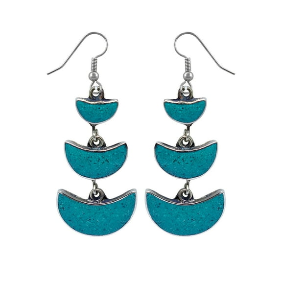 Beautiful Crescent Shape Compressed Turquoise Inlay Unique Designer Ethnic Tribal Gypsy Drop Earrings For Women 925 Silver Plated Fashion Boho Earrings By Artisan