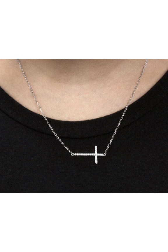 Beautiful Cz Sideways Cross Necklace