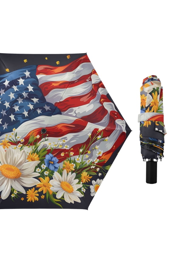 Beautiful Daisies Flying Flag All Weather Umbrella Triple Folding Parasol 6 Ribs UV Protection Portable