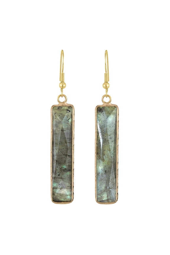 Beautiful Dark Green Rectangular Labradorite Gold-Plated Silver Dangle Earrings