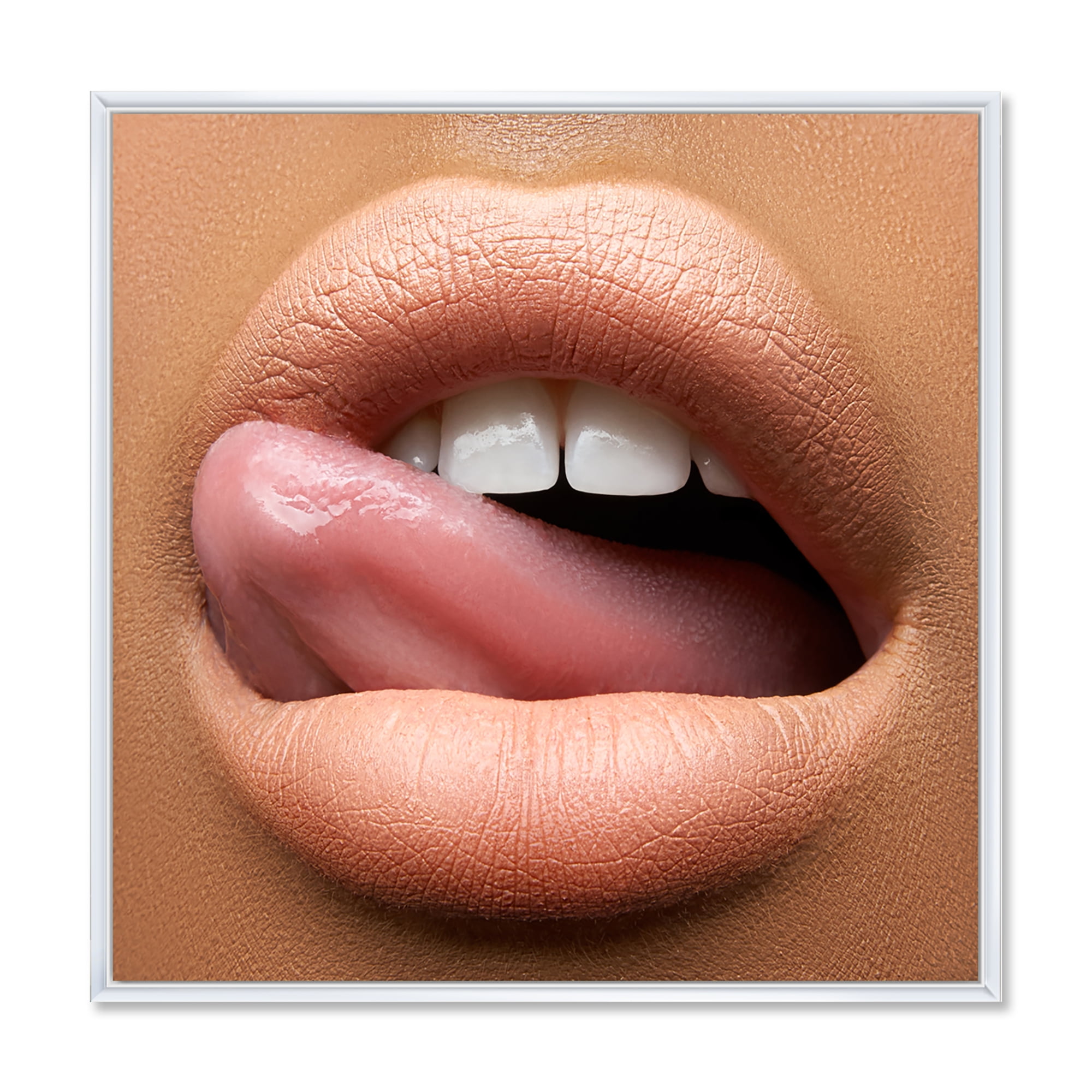 Beautiful Dark Skinned Female Tongue Touching Lips 16 in x 16 in Framed Photography Canvas Art Print, by Designart
