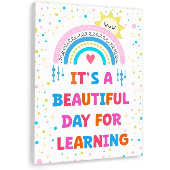 It's a Beautiful Day for Learning Inspirational Canvas Wall Art, Learning Motivational Painting Print Poster Artwork for Kid's Bedroom Nursery Playroom Classroom Wall Decor